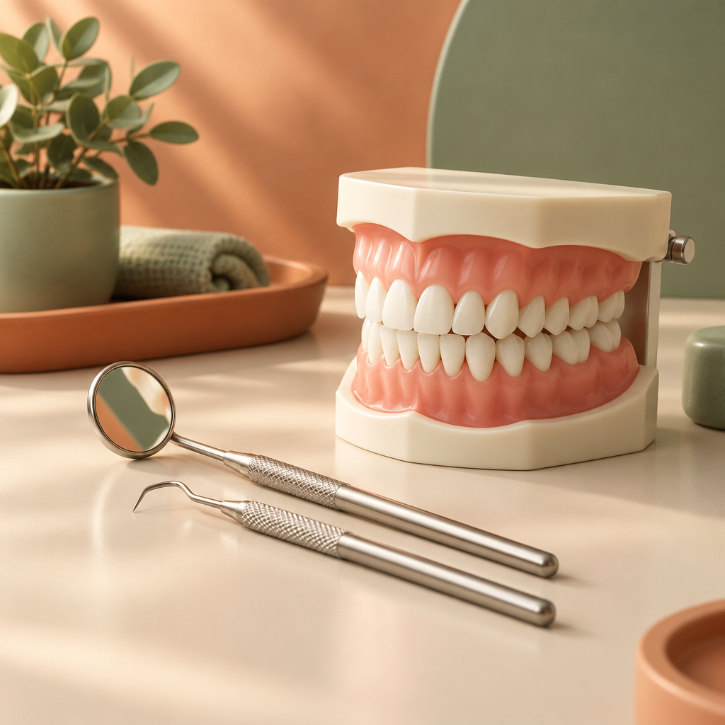 Educational illustration of a dental check-up with mirror and teeth model, Dr. Rohit Kumar clinic, Gaya